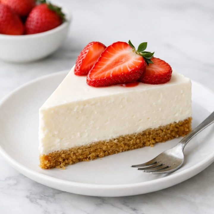 Slice of no bake cheesecake with fresh strawberry topping and graham cracker crust on white plate