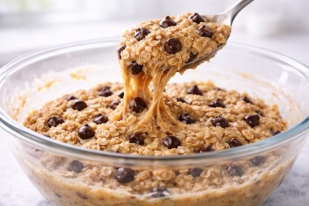 Oatmeal chocolate chip cookie dough showing thick scoopable texture with oats and chocolate chips