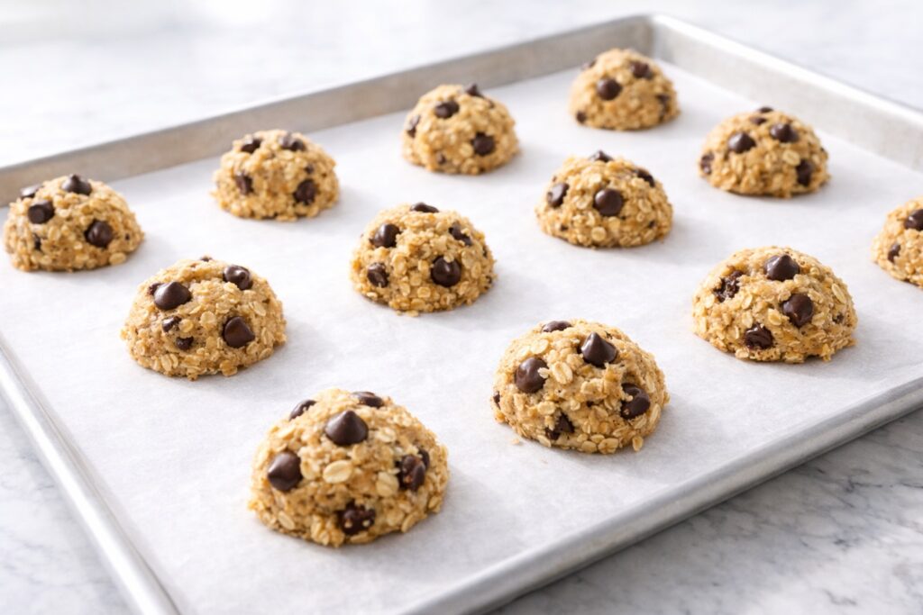Oatmeal chocolate chip cookie dough balls evenly spaced on a baking sheet before baking