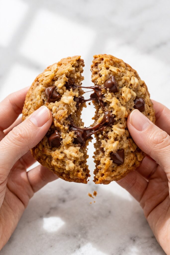 Hands breaking an oatmeal chocolate chip cookie in half with melted chocolate stretching and soft chewy interior visible