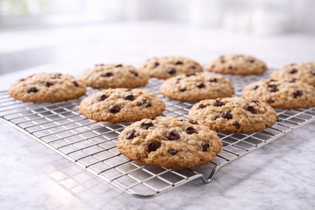 Oatmeal chocolate chip cookies cooling on a wire rack with golden edges and soft centers