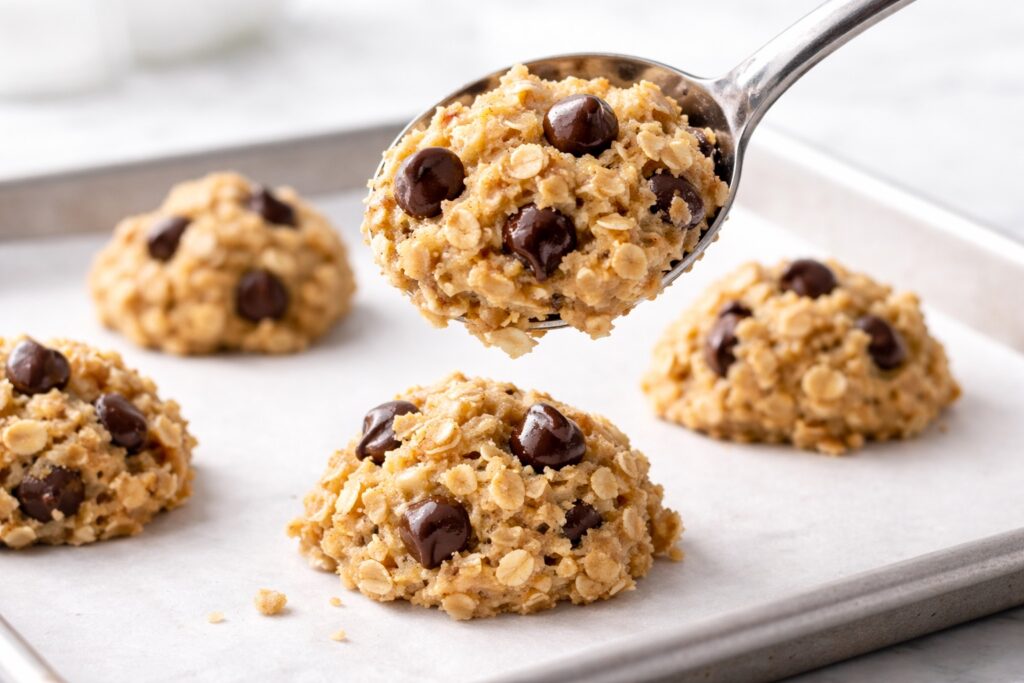 Scooping oatmeal chocolate chip cookie dough onto baking sheet with visible oats and chocolate chips
