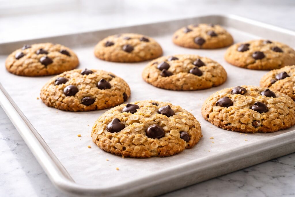 Freshly baked oatmeal chocolate chip cookies on a baking tray with golden edges and melted chocolate
