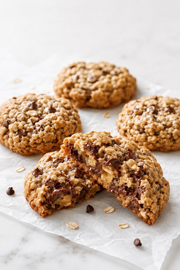 Bakery-style oatmeal chocolate chip cookies with visible rolled oats and melted chocolate, including one thick cookie broken open to reveal a soft, chewy center.