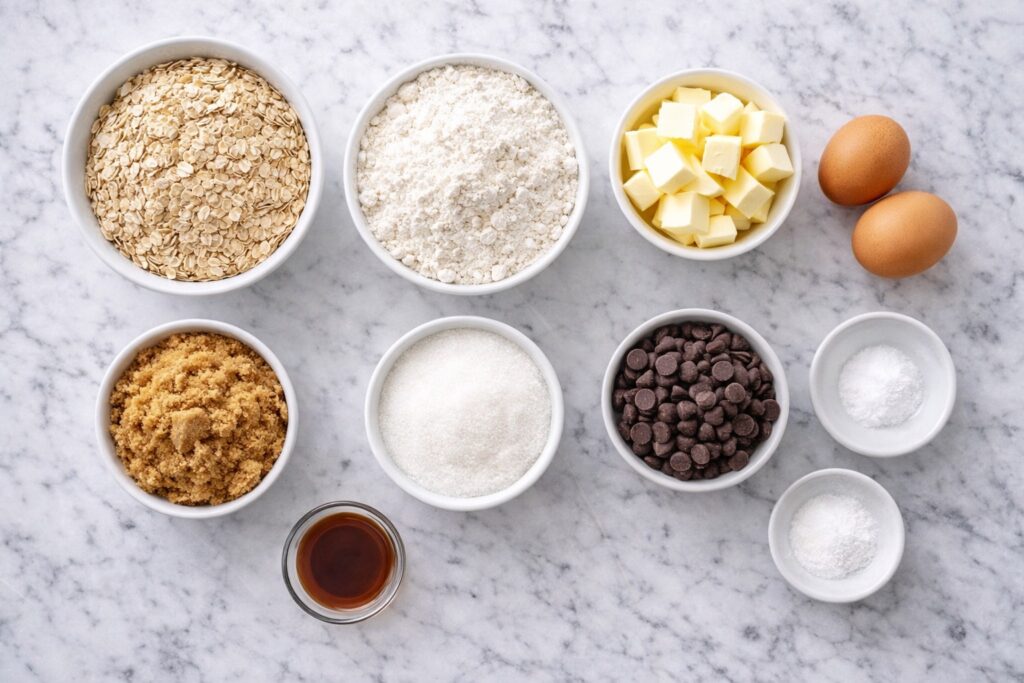 Flat lay of oatmeal chocolate chip cookie ingredients including oats, flour, butter, sugar, eggs, and chocolate chips