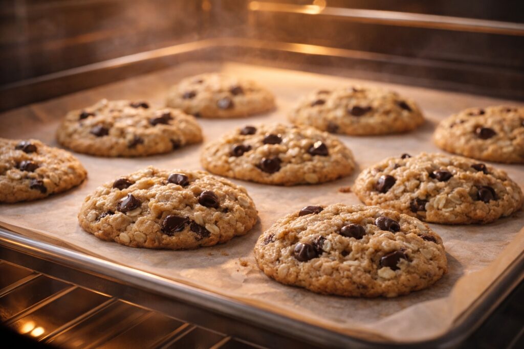 Oatmeal chocolate chip cookies mid-bake with slightly golden edges and soft centers on a baking tray
