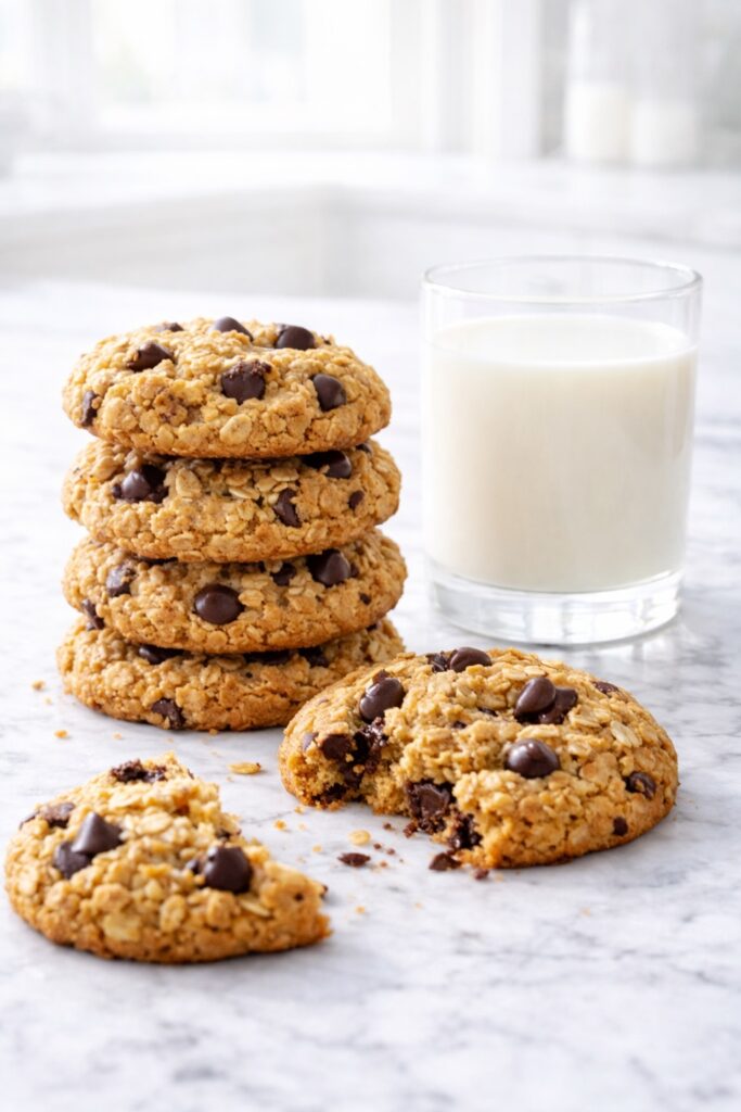 Oatmeal chocolate chip cookies served with a glass of milk, soft and chewy with visible oats and chocolate chips