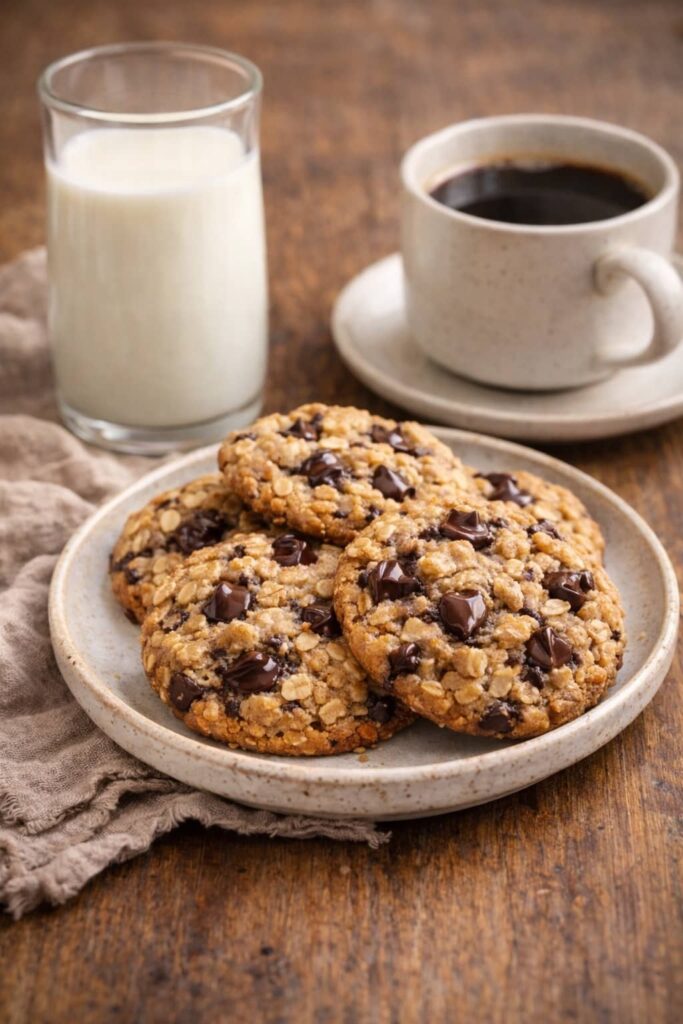 oatmeal chocolate chip cookies served with milk and coffee on a cozy table