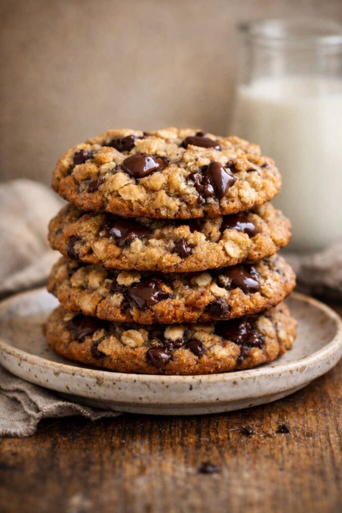 oatmeal chocolate chip cookies stacked on a plate, soft and chewy with melted chocolate chips
