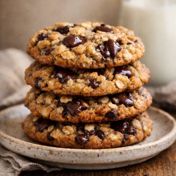 oatmeal chocolate chip cookies stacked on a plate, soft and chewy with melted chocolate chips