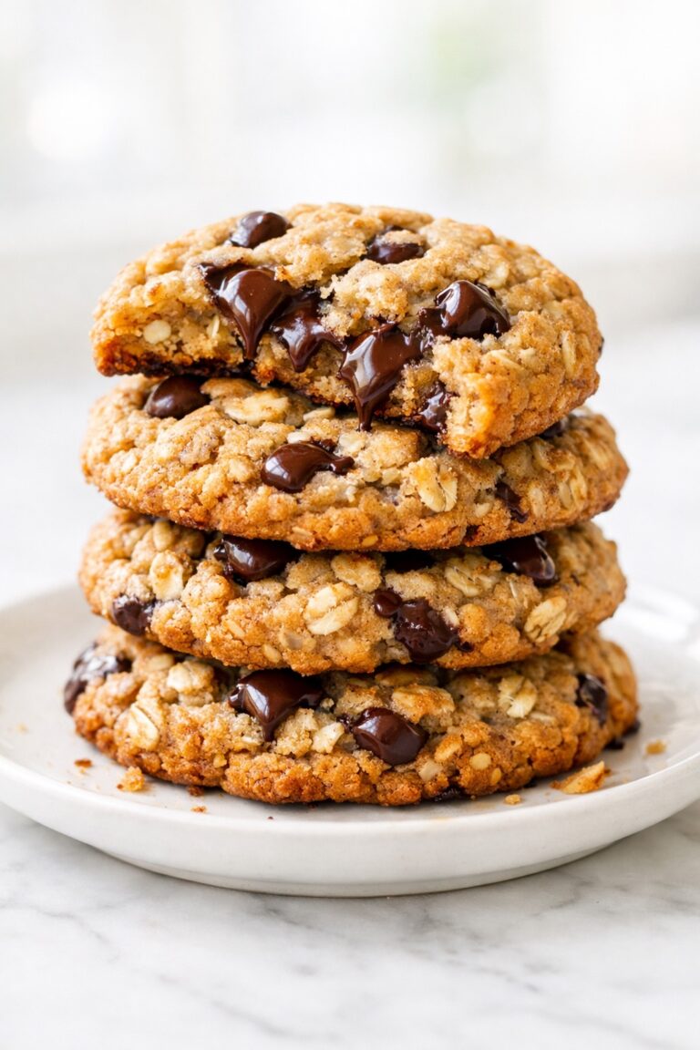 Stack of oatmeal chocolate chip cookies on a white plate with golden edges, visible oats, and melted chocolate chips
