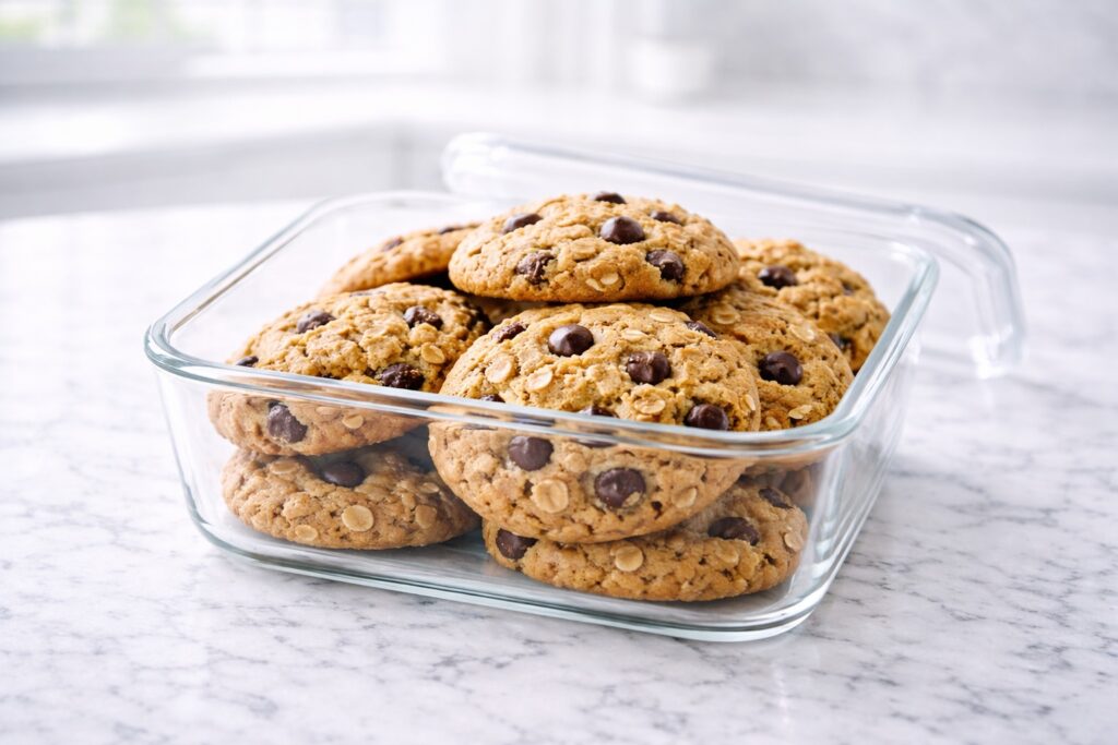 Oatmeal chocolate chip cookies stored in a glass container, soft and chewy with visible oats and chocolate chips