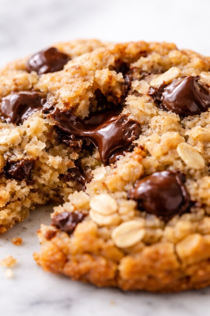 Close-up of oatmeal chocolate chip cookie texture showing soft chewy crumb with oats and melted chocolate