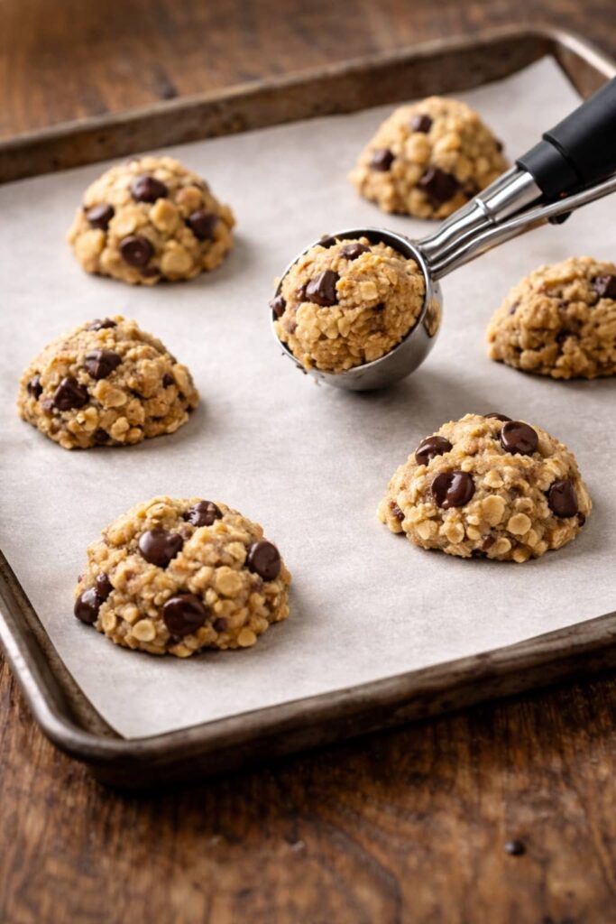 scooping oatmeal chocolate chip cookie dough onto a baking sheet lined with parchment paper