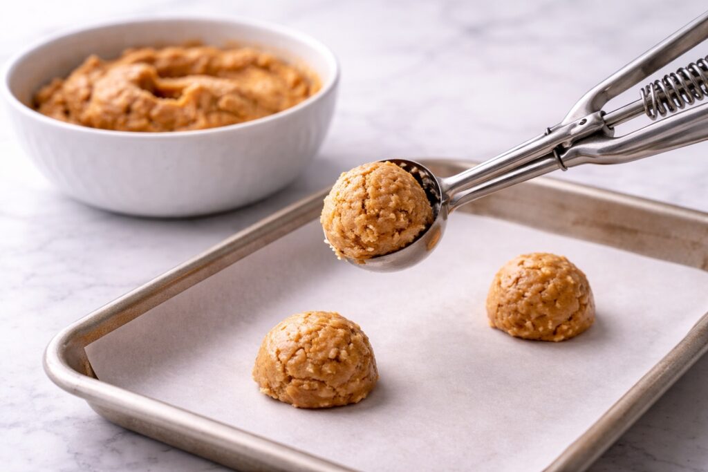 scooping peanut butter cookie dough balls onto baking sheet