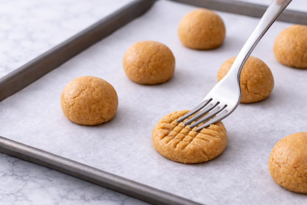 pressing peanut butter cookie dough with fork to create criss cross pattern