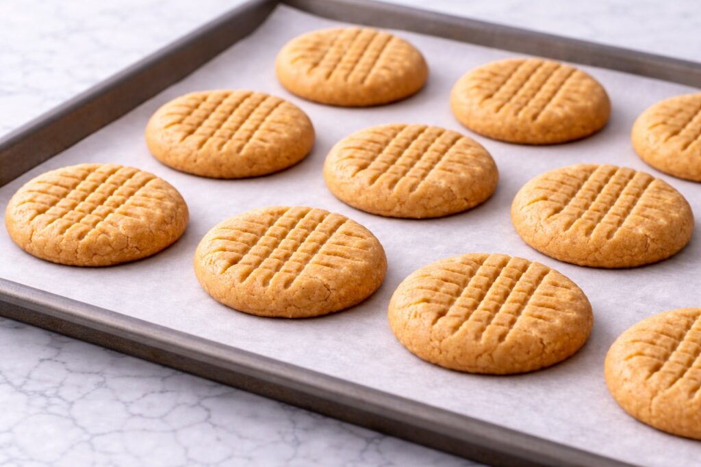freshly baked peanut butter cookies on parchment lined baking sheet