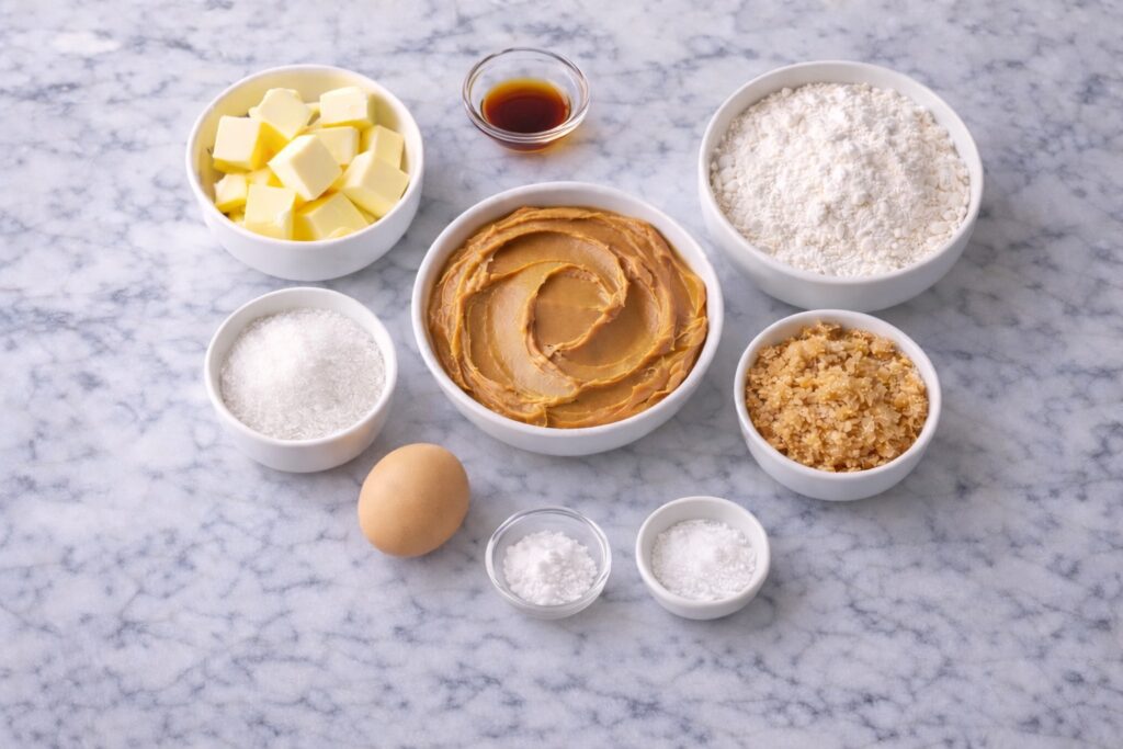 peanut butter cookie ingredients on marble counter
