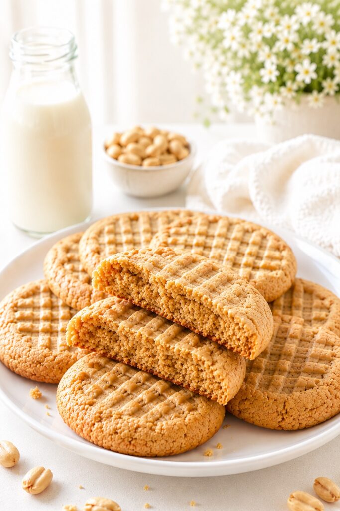 Easy Peanut Butter Cookies Easy peanut butter cookies with classic crisscross tops stacked on a white plate, featuring a soft and chewy center with a rich homemade peanut butter texture.