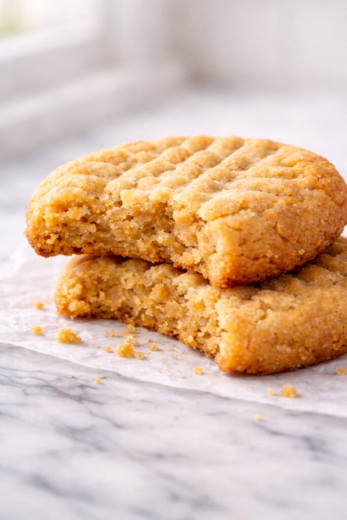 peanut butter cookie broken in half showing soft chewy texture