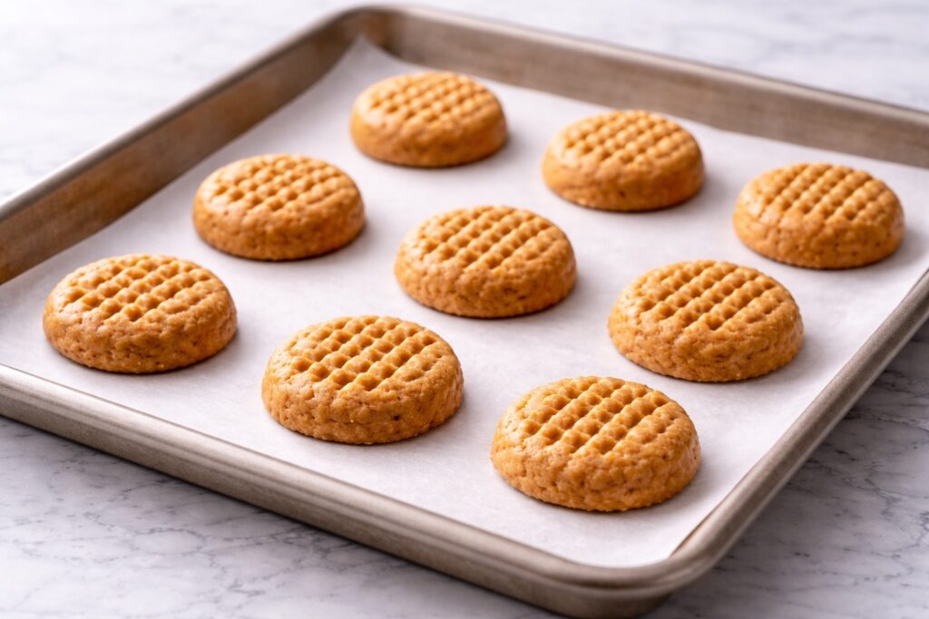 peanut butter cookies dough with fork pattern before baking on baking sheet