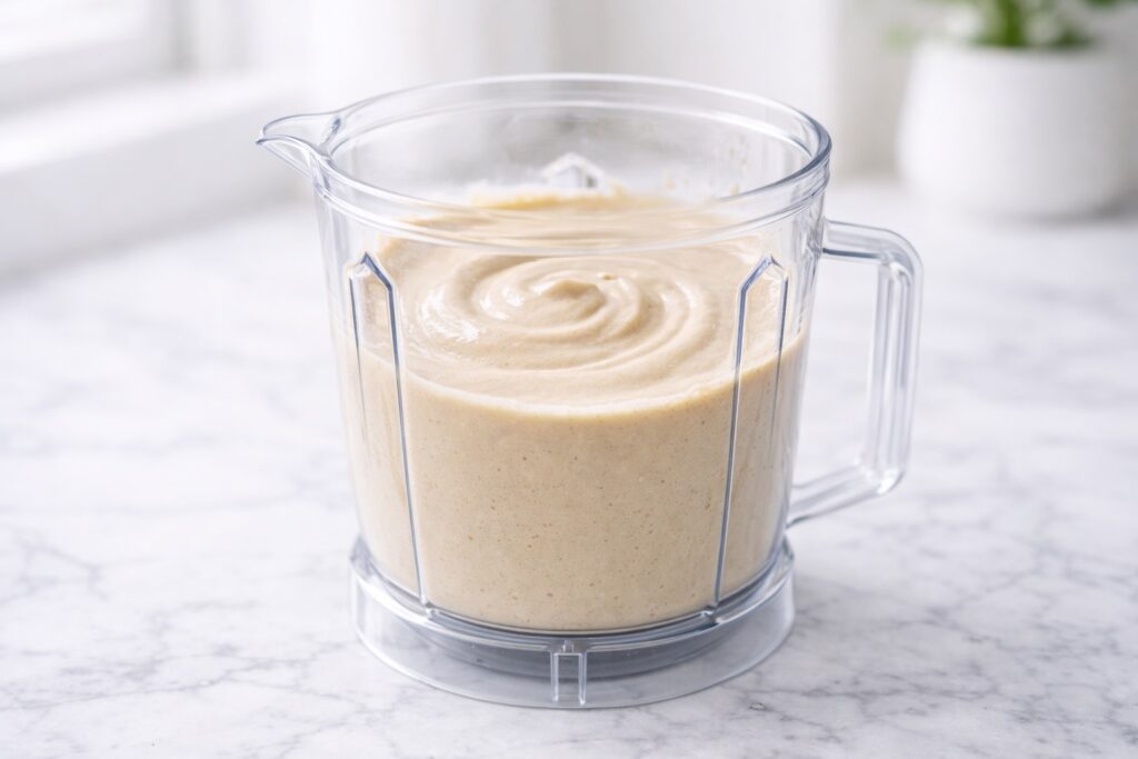 Smooth protein pancake batter inside blender showing thick pourable texture