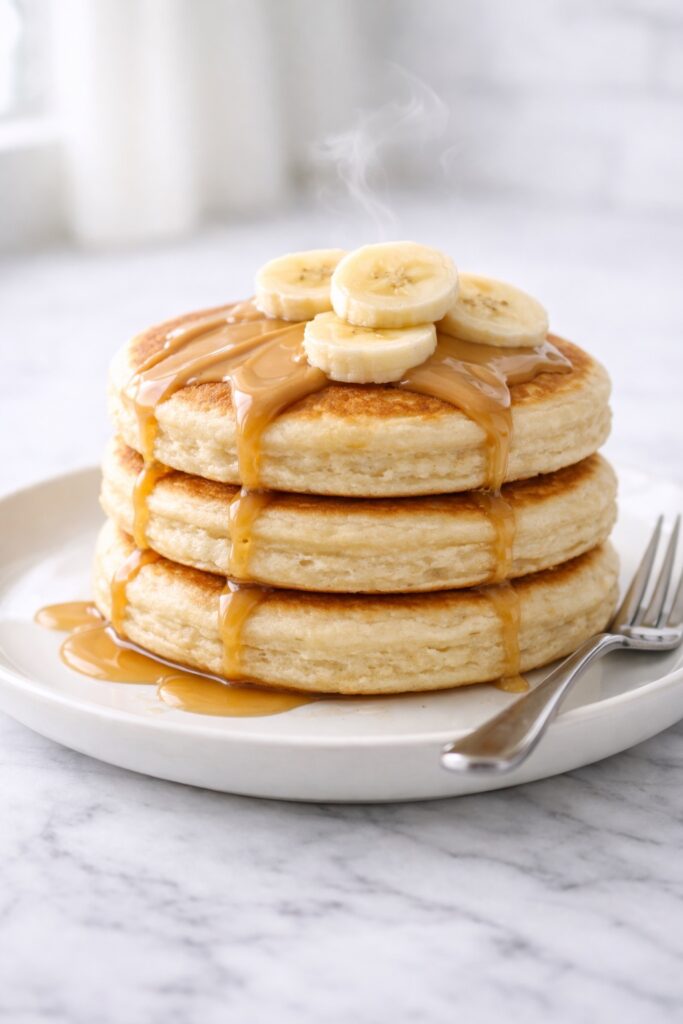 Protein pancakes served with banana and peanut butter on a white plate