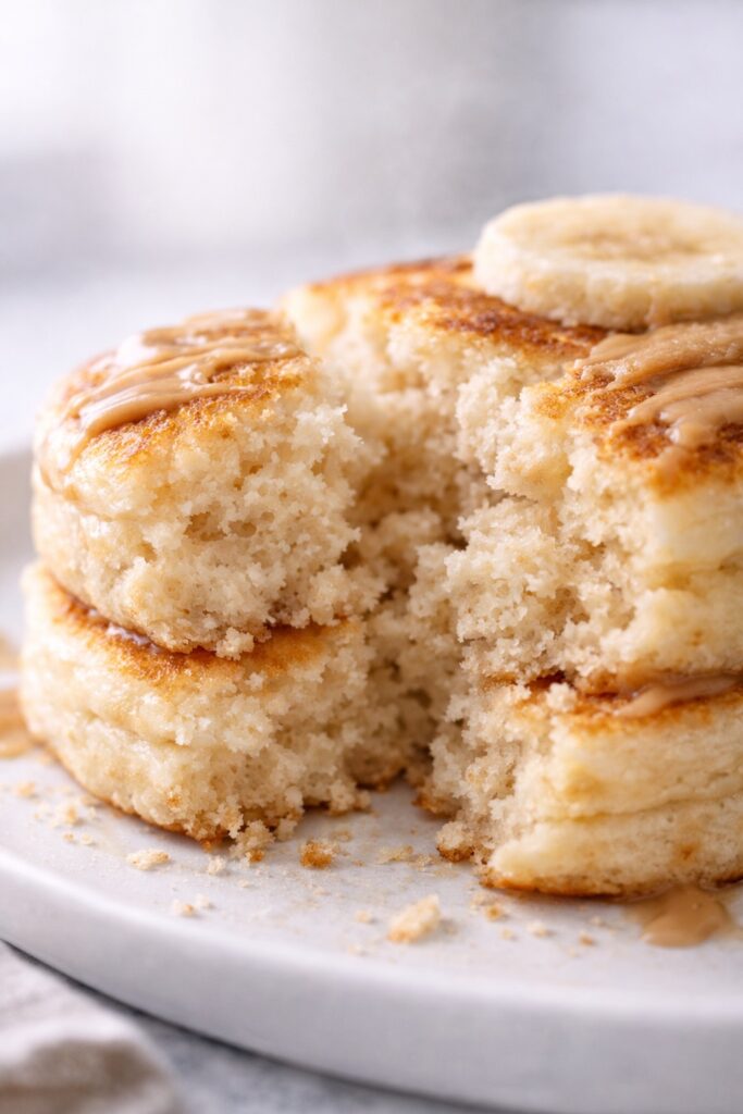 Close-up of protein pancakes showing soft fluffy interior crumb and texture