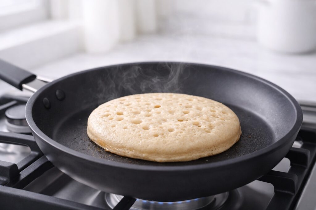 Protein pancake cooking with bubbles forming on surface and edges setting