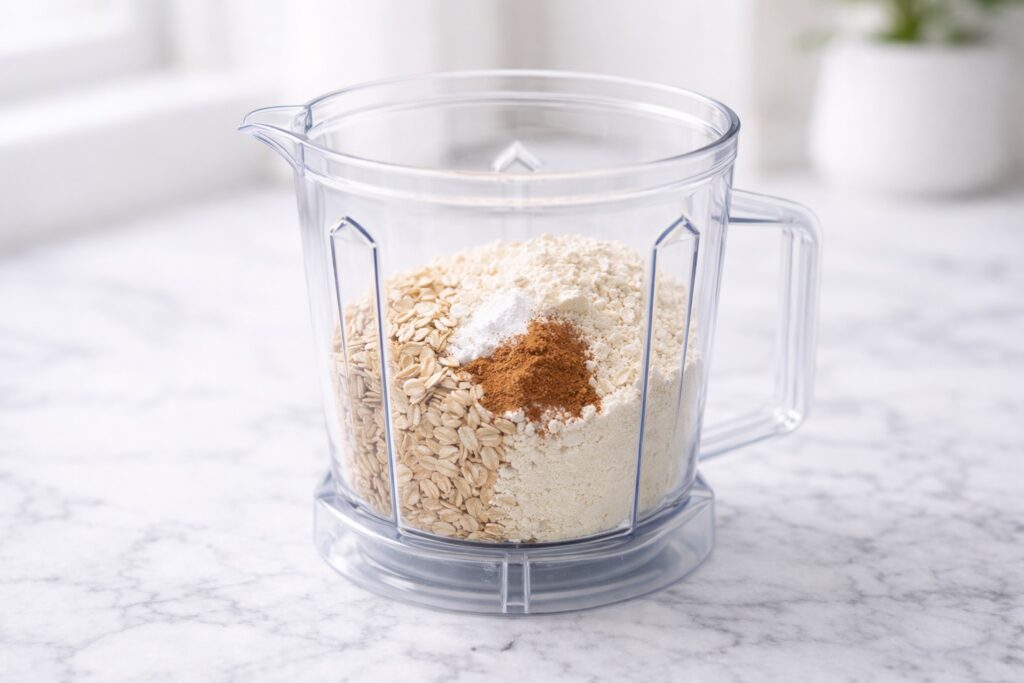 Dry ingredients for protein pancakes inside blender before mixing