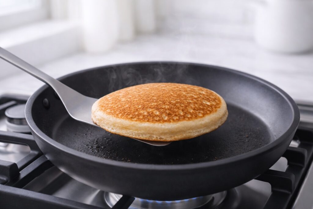 Protein pancake flipped showing golden underside in pan