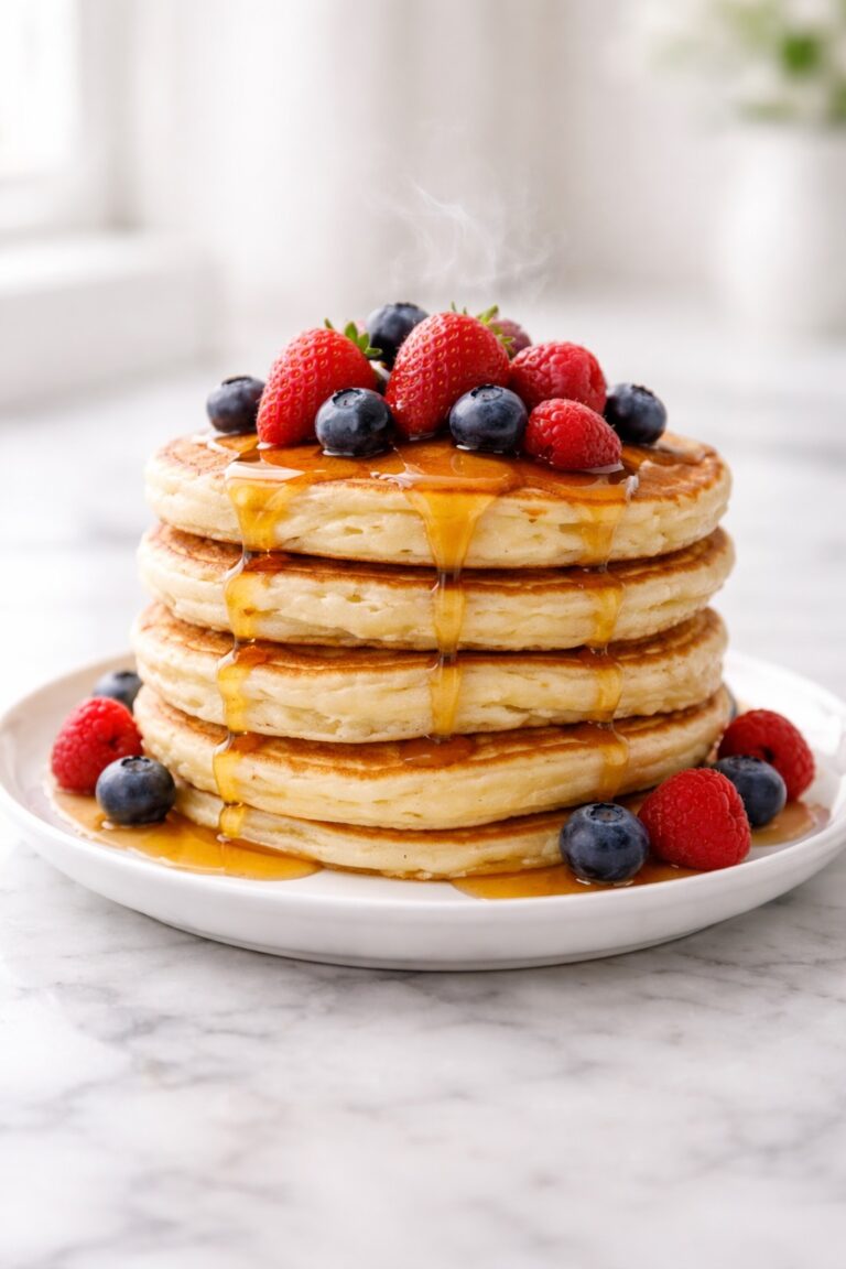 Fluffy protein pancakes stacked with soft texture and golden edges on a white plate