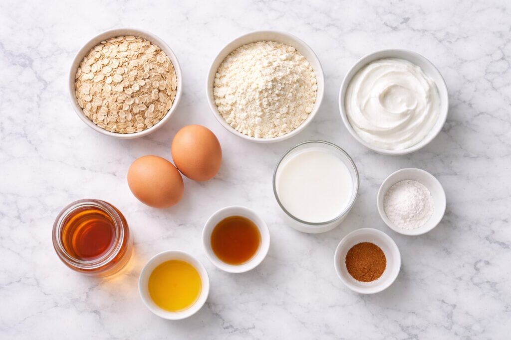 Ingredients for protein pancakes including oats, eggs, yogurt, milk and protein powder