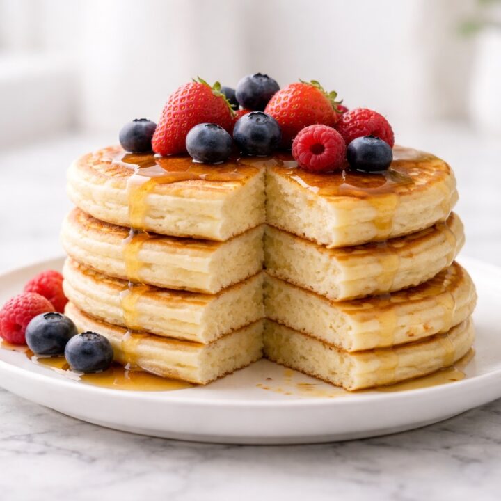 Protein pancakes with soft fluffy texture served on a white plate