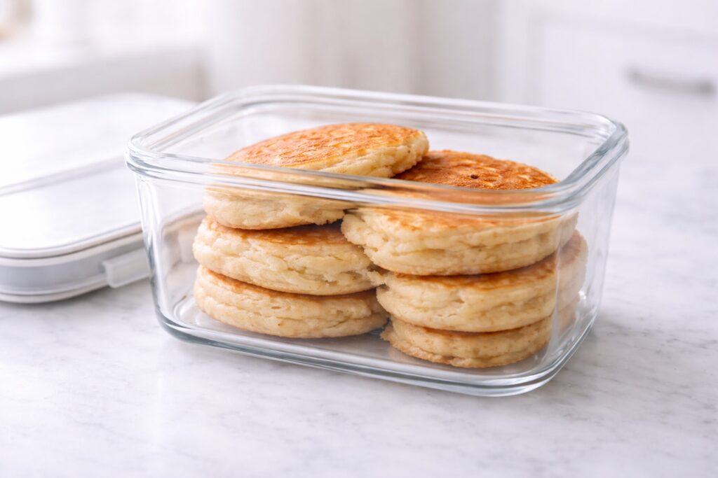 Protein pancakes stored in airtight container for meal prep