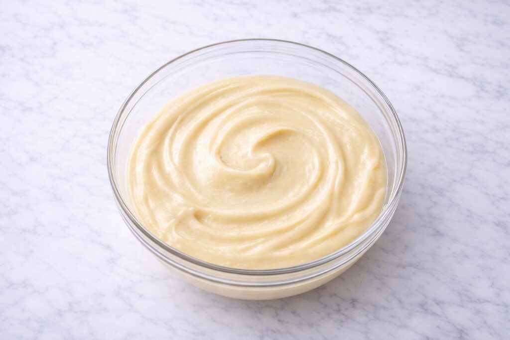 Smooth lemon cake batter in a glass bowl with a glossy, silky texture and no lumps