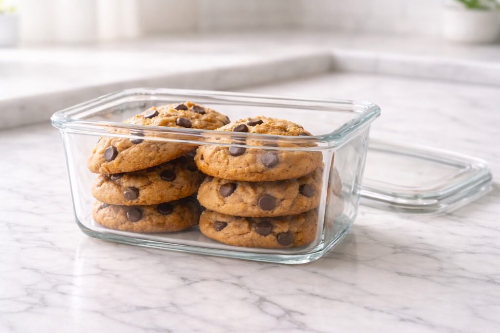 Brown butter chocolate chip cookies stored in a glass container