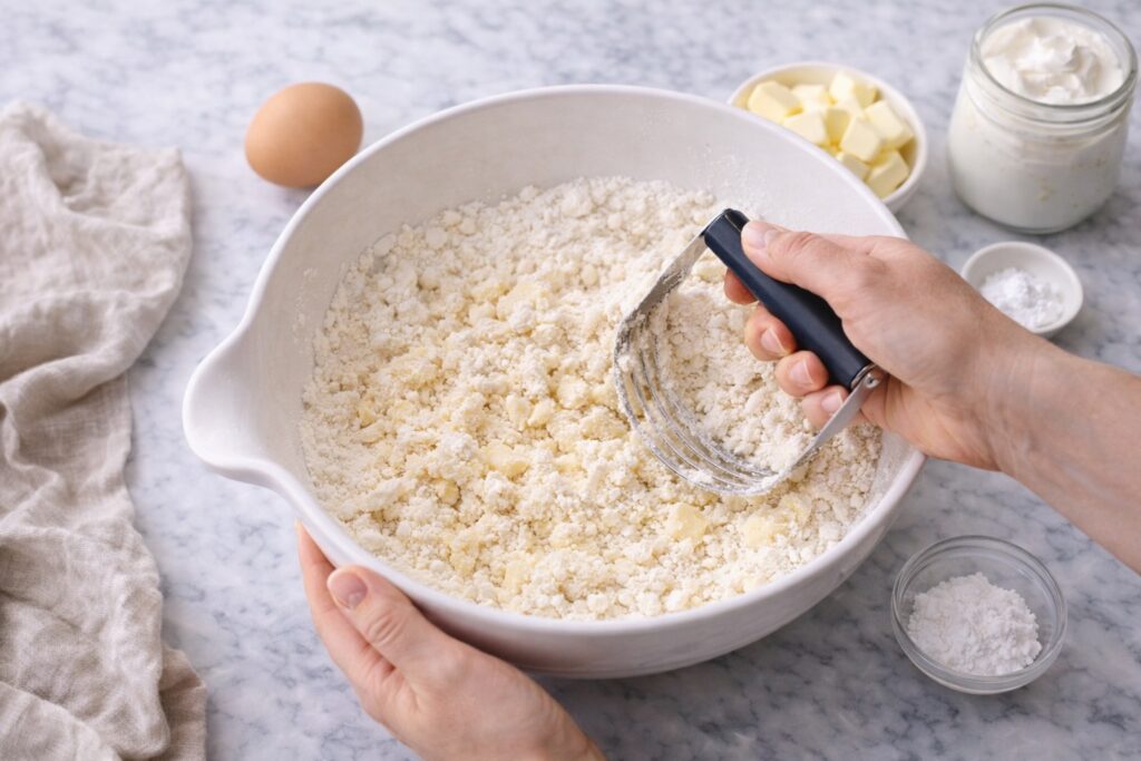 Cutting butter into flour to make strawberry shortcake dough