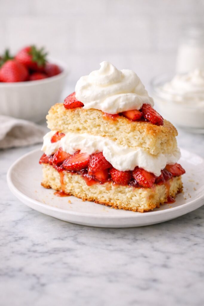 Serving of strawberry shortcake with whipped cream and fresh strawberries