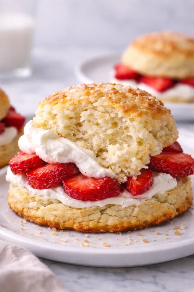Close up of strawberry shortcake crumb with whipped cream and fresh strawberries