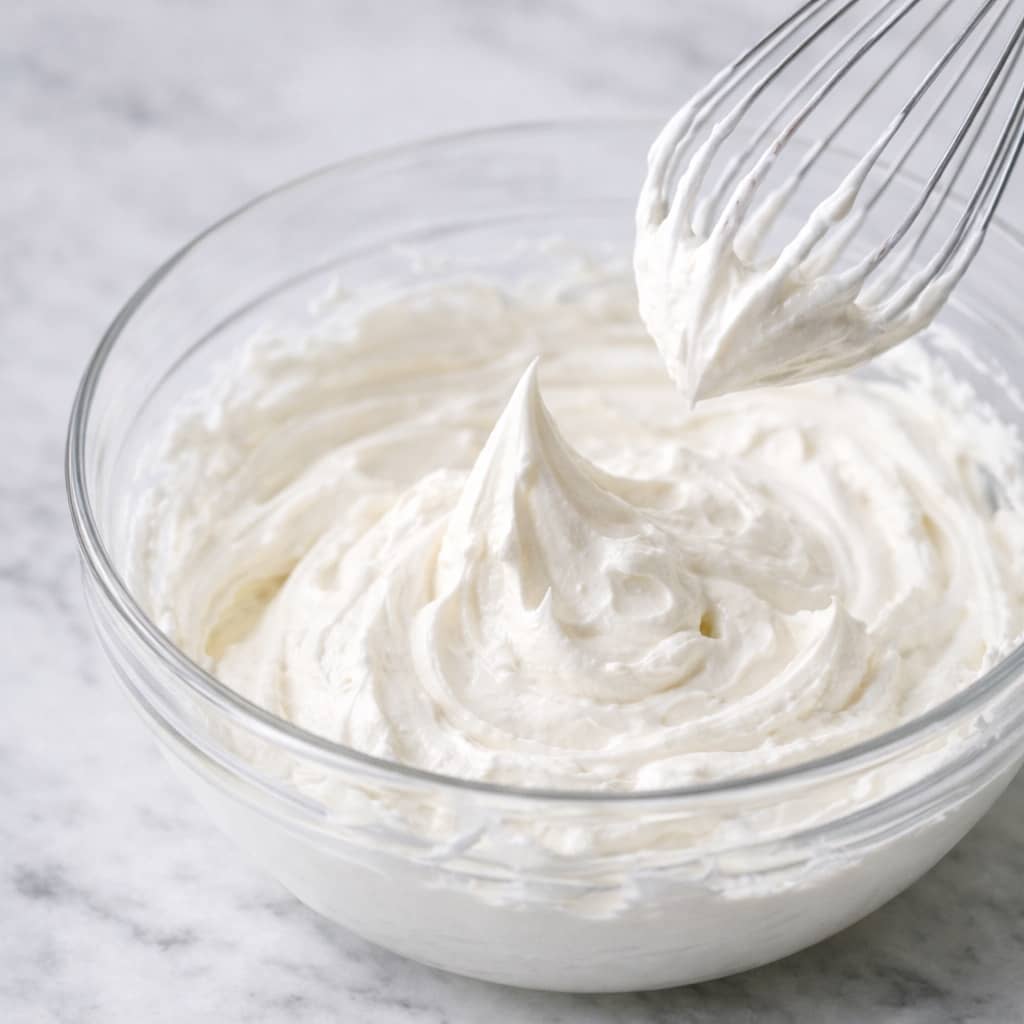 Whipped heavy cream beaten to stiff peaks in glass bowl for no bake cheesecake