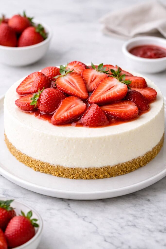 Whole no bake cheesecake with fresh strawberry topping on white cake plate