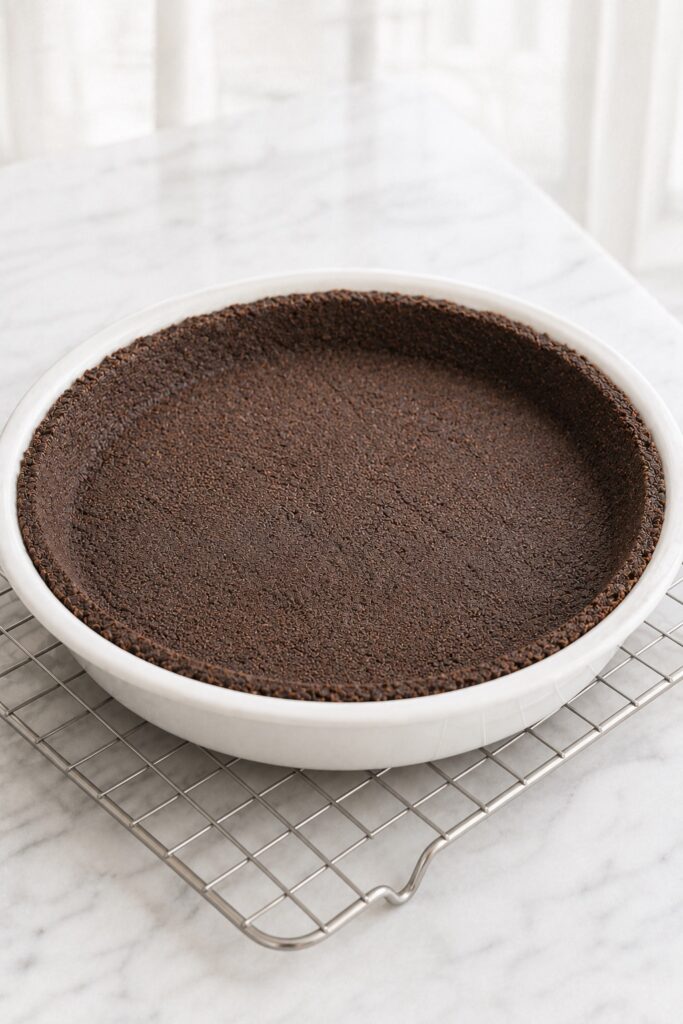 Baked Oreo cookie crust with a dry, matte surface cooling on a wire rack.