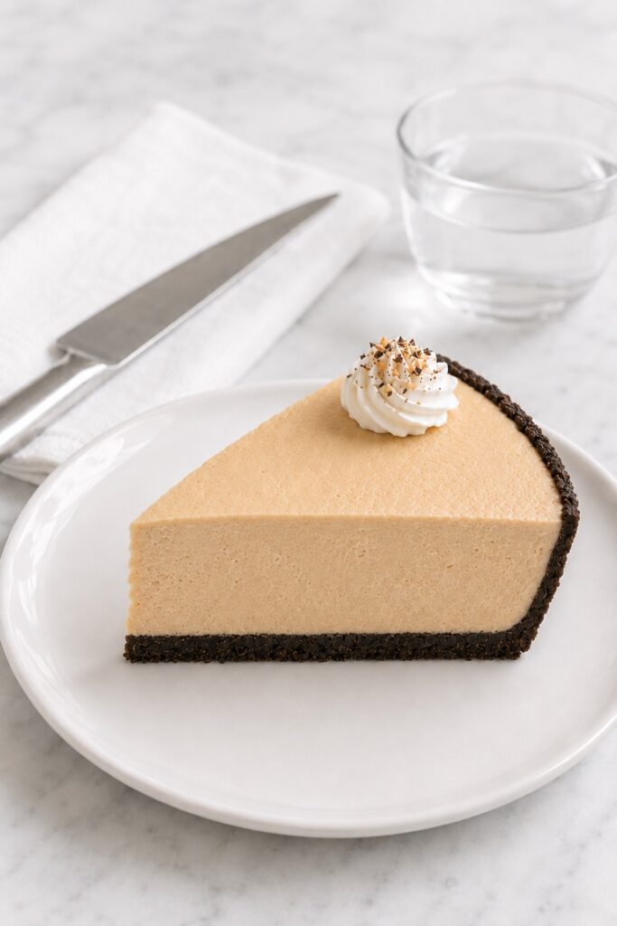 Clean upright slice of refrigerator-set Peanut Butter Pie beside a knife and hot water used for neat cuts.