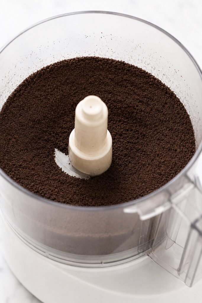 Finely ground Oreo cookie crumbs in a food processor for the Peanut Butter Pie crust.