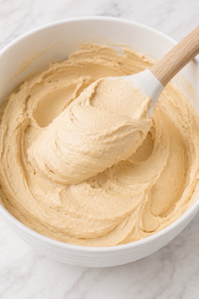 Light peanut butter mousse after whipped cream has been folded into the smooth peanut butter base.