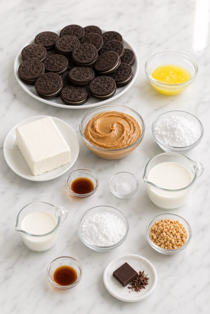 Ingredients for Peanut Butter Pie, including Oreo cookies, cream cheese, peanut butter, heavy cream, powdered sugar, butter, vanilla, peanuts, and dark chocolate.