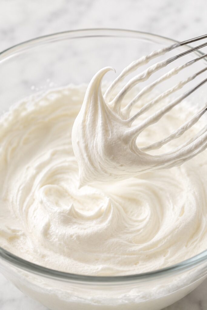 Heavy cream whipped to medium-stiff peaks, with a smooth peak bending slightly at the tip.