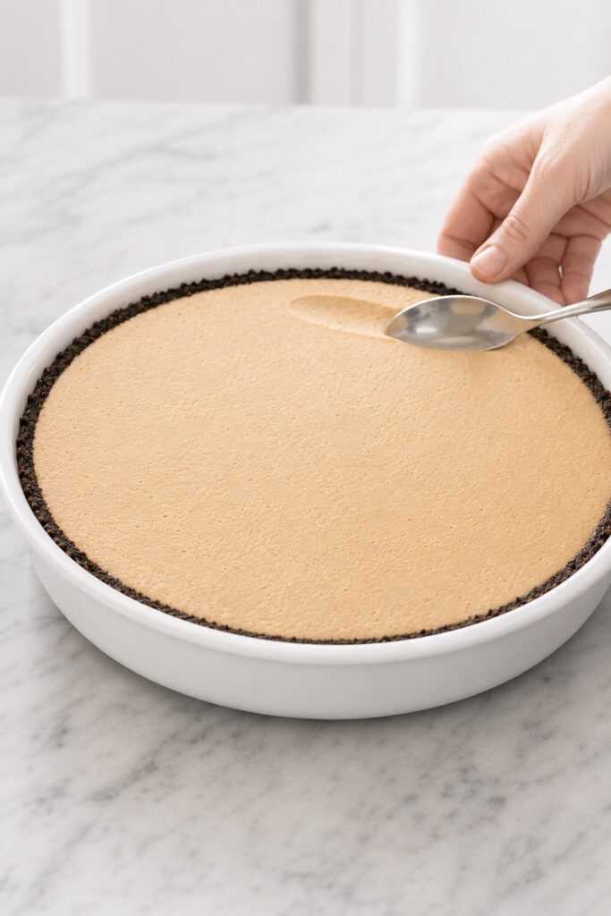 Spoon leaving a shallow impression in the chilled peanut butter filling to check the refrigerator set.