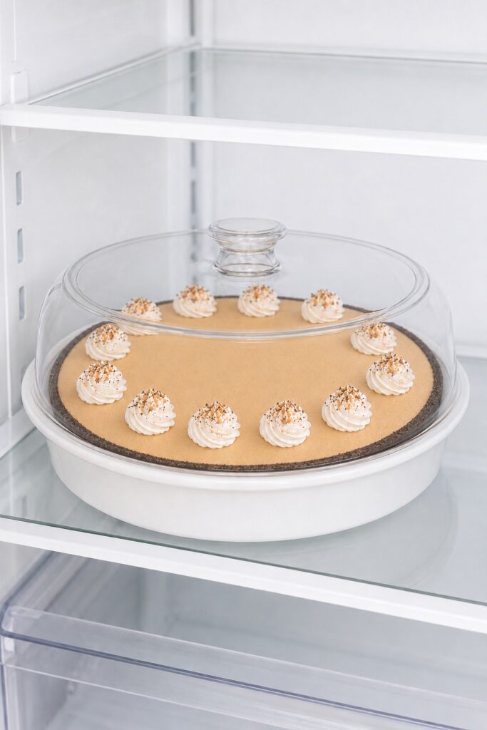 Covered Peanut Butter Pie stored on a refrigerator shelf with the whipped cream topping protected.